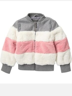 Kensie Girl Faux Fur Pink White Gray Stripe Bomber Jacket Size 10/12
